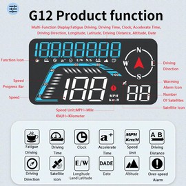 Riloer Car Head Up Display with GPS Chip, Compass and Light Sensor, HUD with 5.5-inch(12.18 * 6.85cm) HD LED Screen, Automotive Universal HUD Head-Up Display GPS Overspeed Display G12, Blue & White