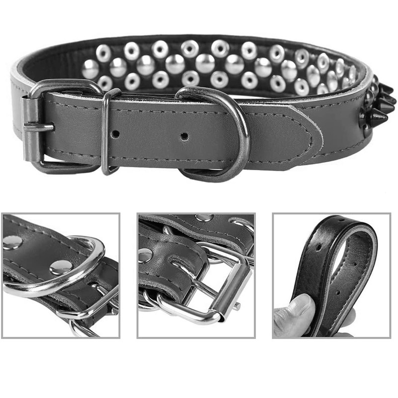 Pimaodog Spiked Studded Dog Collar, Genuine Leather Dog Collar, Adjustable