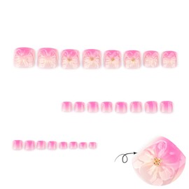 Summer Press on Toenails Color Ombre French Tip Fake Toe Nails Short Square Design Toenail Press on Nails for Women 3D Flowers Press on Toenails Exquisite Acrylic Fake Toenails Reusable 24Pcs
