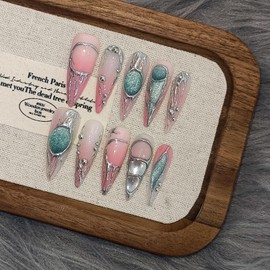 TENPAL Long Stiletto Press on Nails,Pink-Silver Holographic Gradient Hand-Painted Moons Fake Nails with 10pcs Tools,3D Cat Eye Glitter False Nails,Edgy Meteors Design Sweet-Edge Metal Nails(M)