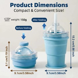 2-in-1 Collapsible Silicone Ice Ball Maker Cup, Reusable Portable Large Ice Sphere Mold with Straw & Lid, Easy to Demo, Leakproof Travel Ice Mold Cup for Bourbon,Cocktails,Juice,Tea & Coffee (Blue)