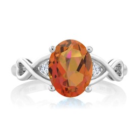 Gem Stone King 925 Sterling Silver Oval 9X7MM Twilight Orange Mystic Quartz and Round 1.8MM White Topaz 3-Stone Ring for Women | 1.85 Cttw | Available In Size 5, 6, 7, 8, 9