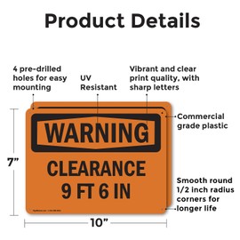 (2 Pack) Clearance 9 Ft 6 In OSHA Warning Sign 10 Inch X 7 Inch Plastic Sign, Weather Resistant, UV Protected for Workplace, Business, and Construction Site, Made in the USA