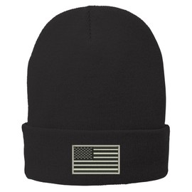 Trendy Apparel Shop US American Flag Grey Embroidered Winter Folded Long Beanie - Black