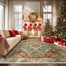 RELEANY 9x12 Area Rugs 9x12, Washable Rug, Non-Slip, Rugs for Living Room, Kitchen Rugs, Rugs for Bedroom Entryway Rug, Vintage Rugs Boho Floral Medallion, Low Pile, Soft, Brick Red Rust Red Neutral