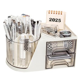 Elezeal 360 Degree Rotatable Office Organiser, Rotating Pen Pencil Holder with 6 Compartments and 2 Drawers, Desk Tidy Caddy for Office Desk, Bedside Table, Dressing Table