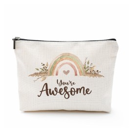 DYIRBIIY You're Awesome Cosmetic Bag, Boho Rainbow Make Up Linen Bag, Retro Inspirational Quotes Toiletry Bag, Zipper Pouch For Travel & Daily Uses, Gift For Girls, Bags & Accessories - 15