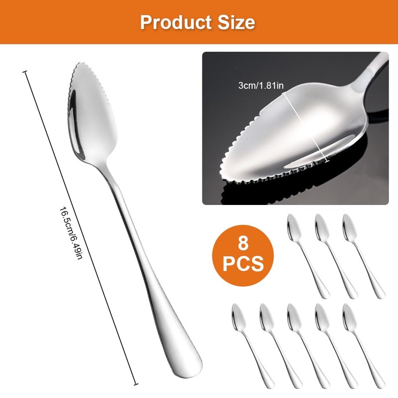 8 Pieces Stainless Steel Fruit Spoons, Grapefruit Spoon with Serrated
