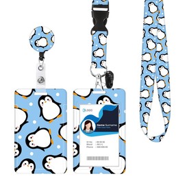ID Badge Holder with Retractable Lanyard and Keychain, Badge Reel with Rotate Carabiner Clip,Cute Penguin Card Name Tag Lanyard ID Protector Bage Clips for Teachers, Student, Women, Office