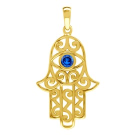 Silvershake Created Blue Sapphire 18K Yellow Gold Plated 925 Sterling Silver Scroll/Filigree Evil Eye on Hamsa Hand Pendant September Gemstone Birthstone Jewelry for Women, 925 String Silver 18K Gold