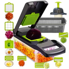 Multifunctional15-in-1 Mukor vegetable chopper With container, Pro food Vegetable Chopper and Slicer， Onion Chopper,Veggie Chopper, Vegetables Cutter, Slicer Dicer Cutter ，Easy to Clean (Gray)