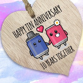 10th Wedding Anniversary Plaque Gift for Husband Wife - 10 Years Together - Happy Tin Anniversary Wooden Heart for Women Men Partner, Light Wood Sign Keepsake Gifts