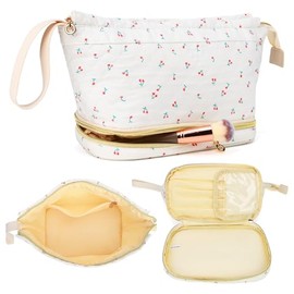 Long Keeper Florale Kosmetiktasche Damen Baumwolle Doppelschicht Große Make-up Tasche Blume Reise Kulturtasche Tragbarer Organizer Waschtasche (Kirsche)