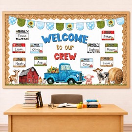 Blue Farm Truck Bulletin Board Set Welcome to Our Crew Classroom Decorations Farm Animals Name Tags Cutouts Back to School Wall Decor for Preschool Nursery Teacher Supplies Chalkboard Wall Door Decor