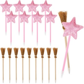Geyoga 20 Pack Princess and Witch Party Favors Including 10 Pcs Star Ballpoints and 10 Pcs Witch Broom Pens Pink Pentagram Wand Broom Shape Pens for Party Supplies Decorations Gifts(Brown)
