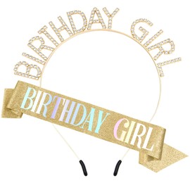 PQRUU Glitter Birthday Sash, Tiara, and Rhinestone Headband for Women - Gold Birthday Accessories Set