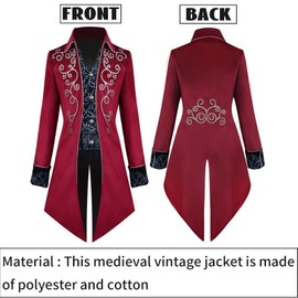 TTOKGZG Men's Medieval Steampunk Tailcoat Costumes Gothic Vintage Court Jacket for Adult (Red, XXL)