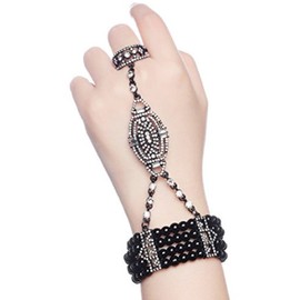 Asphire Vintage Pearl Bracelet with Finger Ring 1920s Flapper Pearl Hand Harness Great Gatsby Rhinestone Slave Bracelet Prom Party Festival Accessories for Women (Black),One Size