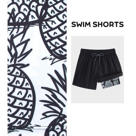 Cozople Men's Pineapple Print Swimming Trunks Quick Dry Stretch Lightweight Swim Shorts Novelty Boxer Brief Liner Boardshorts Swimwear with Inner Pocket for Aloha Size 2xlarge Black