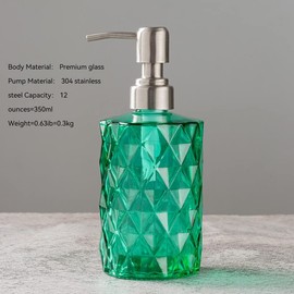 Easy Tang Glass Soap Dispenser Bathroom Kitchen 12 Oz Crystal Design with Silver Pump, Refillable Liquid Soap Dispenser (Green)