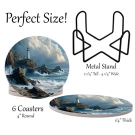 Lighthouse Beach Coastal Shore Round Coasters Set of 6 - Abosrbent Ceramic with Metal Stand for Drinks, Coffee, Non-Slip Cork Back for Tabletop Protection, 4 Inches (Waves)