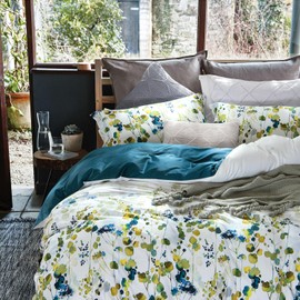 MILDLY 100% Long Staple Cotton Duvet Cover Set - Ultra Soft Yellow Green Leaves Printed Autumn Comforter Cover Set