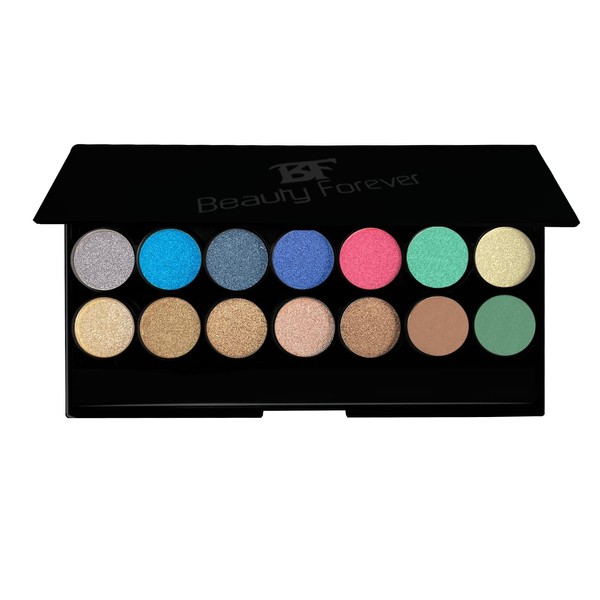 Beauty Forever 14 Shades Palette Eyeshadow Glitter Metallic Shimmer Long Lasting Highly Pigmented Matte Smoky Eyes with Brush Flawless Easy Application (Shade-103 Peacock Green)