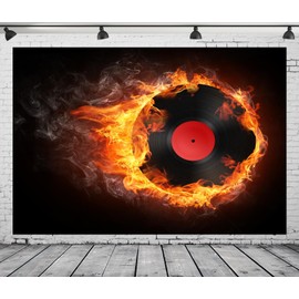 Loccor 9x6ft Fabric Music Record Backdrop Burning Record on Black Background Music Themed Party Decorations Photo Studio Props