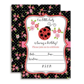 Flowers and Ladybugs Birthday Party Invitations for Girls, 20 Cute 5"x7" Fill In Cards with Twenty White Envelopes by AmandaCreation