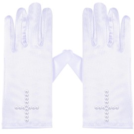 Shyyween First Communion Accessories for Girl and Boy Cross Gloves with Beaded White Satin Gloves with Rhinestone Religion Gift for First Holy Communion Birthday Party