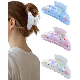 Mesovor 3 Pack Bow Printed Hair Claw Clips, Non-slip 3.74" Medium Hair Grip Clawclips with Colored Zircon | Acrylic Strong Hold Jaw Banana Clips (Blue, Purple, White)