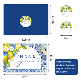 JarThenaAMCS 24 Pack Lemon Thank You Cards Mediterranean Greeting Card With Envelopes Stickers Blue Tile Yellow Lemon Flower Blank Note Card for Summer Birthday Baby Shower Party