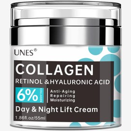 Unes Collagen Moisturizer Face Cream - Anti Aging Facial Cream with Retinol and Hyaluronic Acid - Day & Night Cream for Women and Men - Lifting, Repairing, Hydrating - 1.86 Fl Oz
