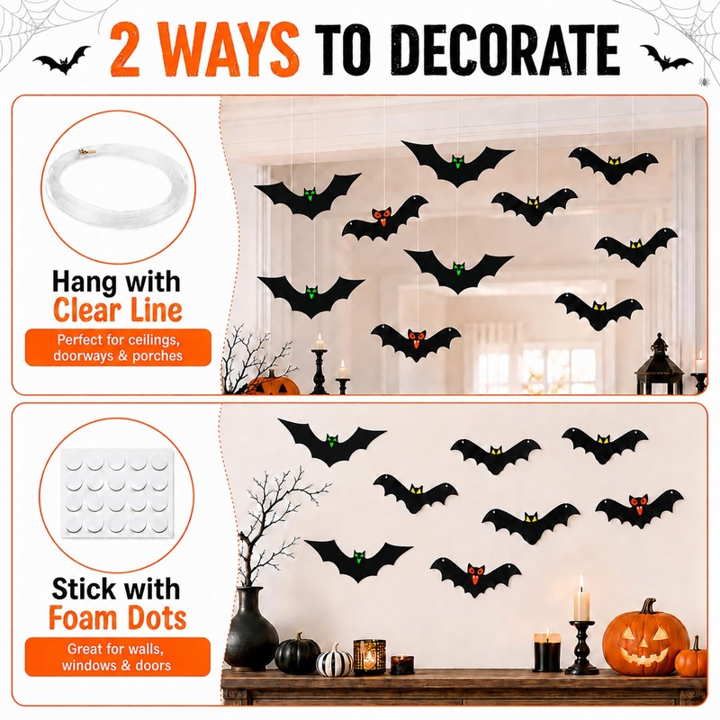 QEKIUII 12 Pack Hanging Halloween Bat Decorations, Plastic Bat Cutouts