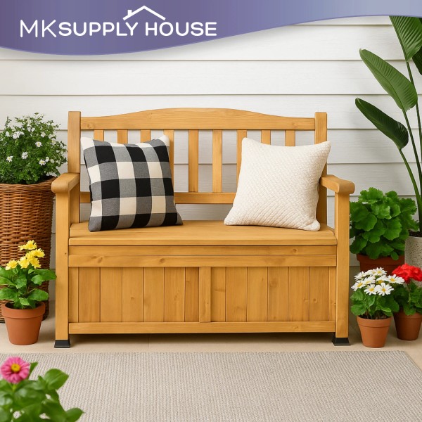 Cedar 44" Outdoor Wooden Storage Bench w/ Armrest & Backrest