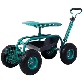 HomVent Garden Cart Rolling Scooter, Rolling Garden Scooter, 4-Wheel Gardening Workseat with Storage Basket, Swivel Seat Adjustable Height＆Steering Handle