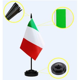 Italy Italian Deluxe Desk Flag Set Small Mini Miniature Italy Italian Table Desktop Flags With Solid Pole, Black Base and Spear Top(2 Pack)