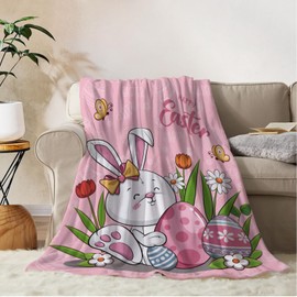 YeeJu Easter Throw Blanket 50x60 Pink Easter Rabbit Bunny Egg Blanket Throw Blanket for Couch Sofa Bed Soft Cozy Fuzzy Plush Fleece Blanket Cute Spring Holiday Decorative Throw Blanket 50 by 60