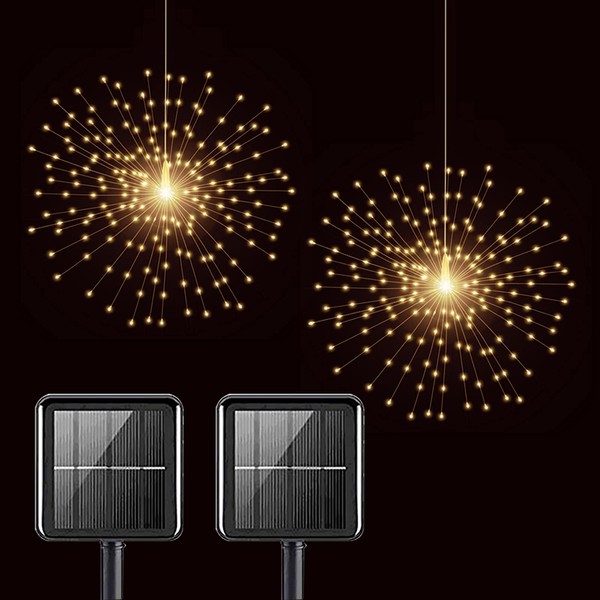 PXBNIUYA 2 Pack Starburst Sphere Lights,200 LED Firework Lights 8 Modes Dimmable Waterproof Hanging Fairy Light, Copper Wire Lights for Tents Patio Parties Christmas (2 Pack Solar Powered)