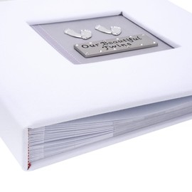 Our beautiful twins (neutral) photo album, soft dove grey design on white linen fabric album (boxed gift - Holds 6x4 photos x 100) with lined message area