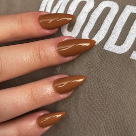 SXVME 48 Pcs Light Brown False Nails Almond Medium Length, Acrylic Press on Nails Stiletto, Solid Color Glossy Gel Full Cover Fake Nails for Women Finger Decoration