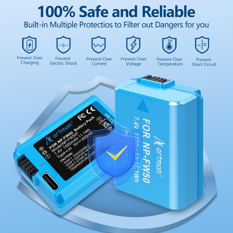 Artman NP-FW50 Battery 2-Pack 1500mAh with USB-C 2in1 Charging Cable