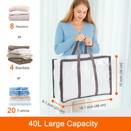 Vieshful 4 Pack Clear Clothes Storage Bag, 40L Zippered Closet Organizer, Plastic Storage Containers Moving bags for Comforter, Blanket, Bedding, Duvet, Toys (Grey)