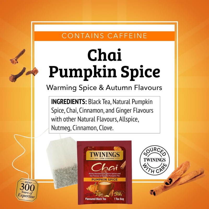 Twinings Pumpkin Spice Chai Black Tea Individually Wrapped Bags, 20