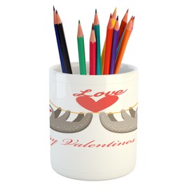 Ambesonne Sloth Pencil Pen Holder, Happy Valentines Day Theme Tropical Animals Girl Romantic, Printed Ceramic Pencil Pen Holder for Desk Office Accessory, Warm Taupe Vermilion Marigold