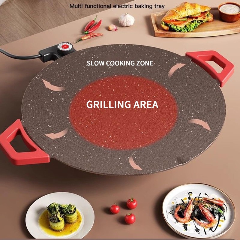 Electric Smokeless Grill, Non-Stick BBQ Griddle with Temperature Control, Round