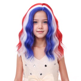 Edivd Mixed Red White and Blue Wig for Kids Girls Colorful Side Part Wig Children Rainbow Wavy Curly Wig Heat Resistant Synthetic Wig with Wig Cap