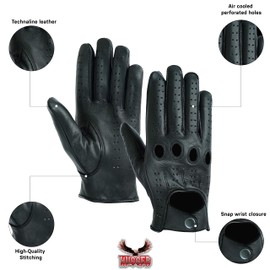 New Hugger Men's Water Resistant Perforated Leather Driving, Riding, Motorcycle Gloves (Black, Medium)