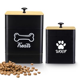 Dualshine Dog Treat Container Airtight Set of 2, Dog Treat Jars for Kitchen Countertop with Bamboo Lids, 30 Cups Capacity Metal Pet Food Storage Containers, 9x6.2 & 6.5x5.5(Black)