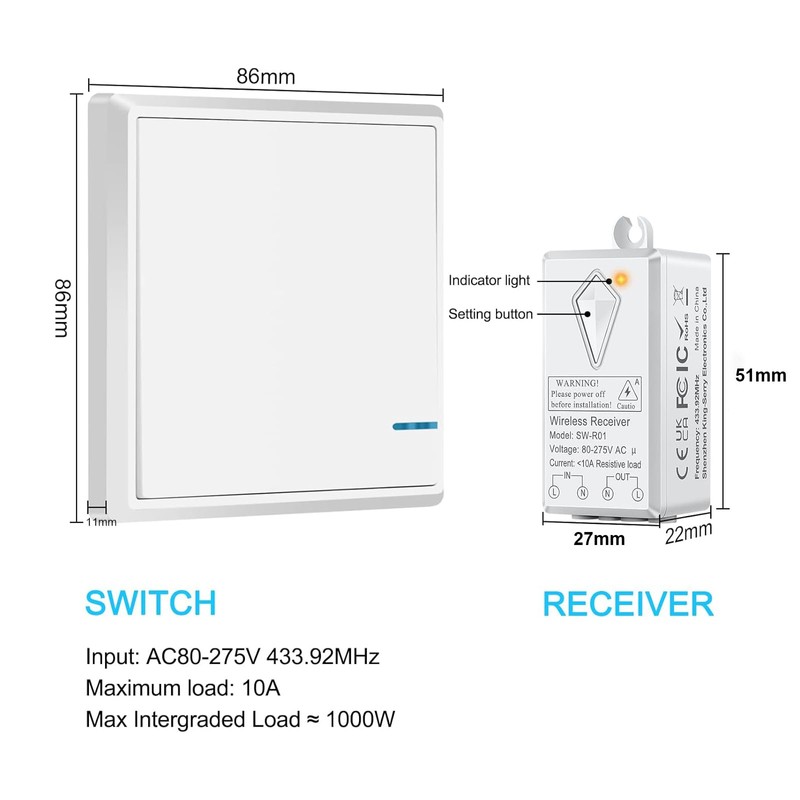NineLeaf Wireless Light Switch with Remote Control Switch with Receiver